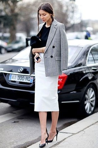Double-Breasted Coat Over Silk Blouse and Pencil Skirt