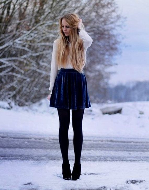 Classic Black Tights with a Textured Wool Skirt