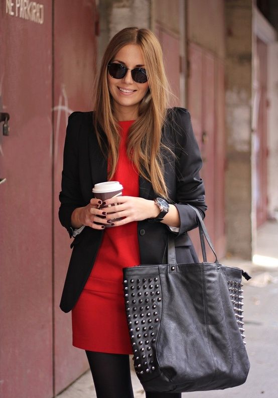 Chic Office Style with Pencil Skirts and Red Tights