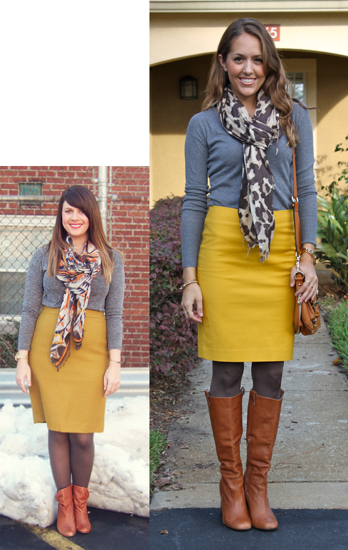Earthy Tones: Mustard Dress and Olive Green Tights