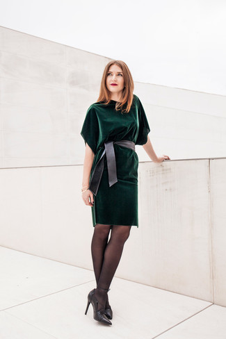Velvet Skater Dress with Jewel-Toned Green Tights