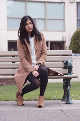 Camel Coat, Black Skirt, and Opaque Tights Combo