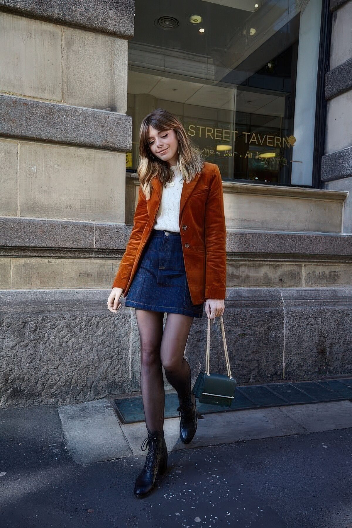 Sweater and Corduroy Skirt with Rust-Colored Tights