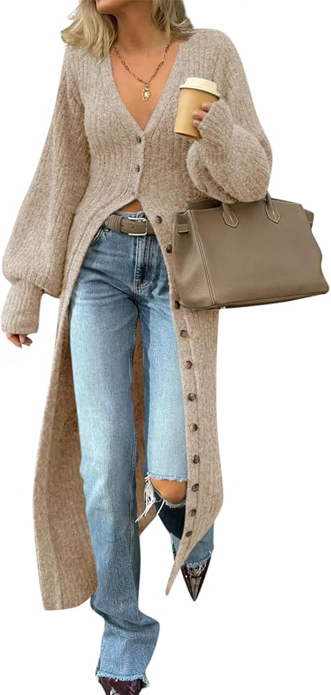 Chunky Knit Cardigan Paired with High-Waisted Jeans