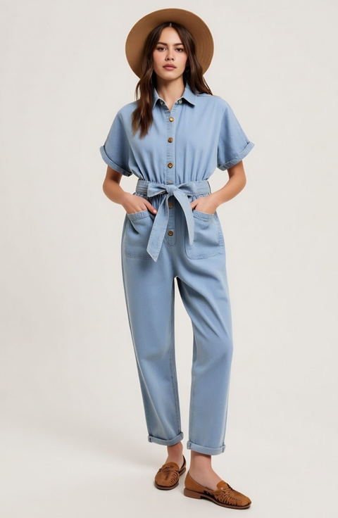 Denim Jumpsuits with Rolled Sleeves