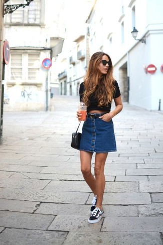 Monochrome Magic: Denim Skirt and Matching Blue Sneakers