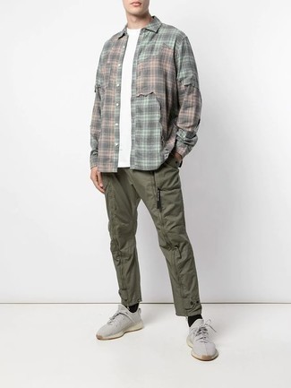 Laidback Layers: Olive Joggers with Oversized Flannel Shirt