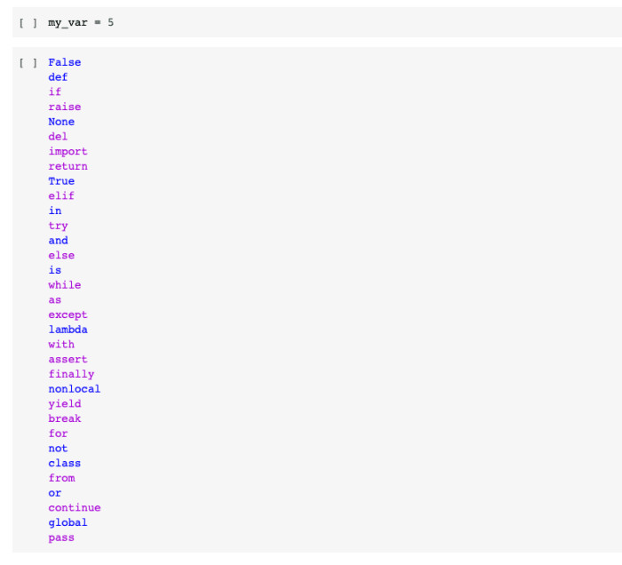 A list of Python's reserved keywords with syntax highlighting in Google Colab