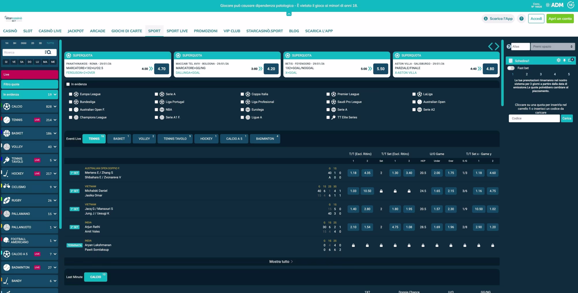 visualizza l'immagine La sezione delle scommesse sportive di Starcasino in anteprima ingrandita o ridotta