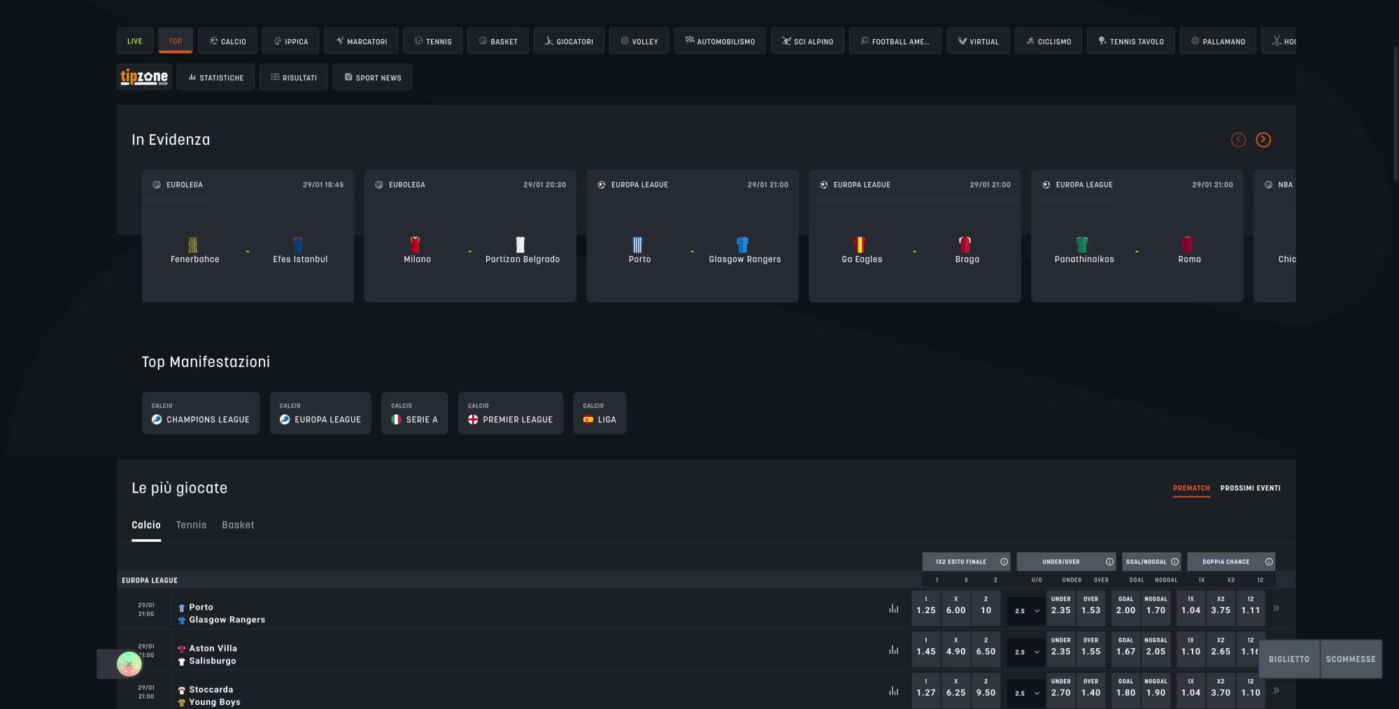 L'interfaccia desktop per le scommesse sportive fornisce le quote aggiornate e una sezione "Quote Maggiorate". Gli utenti possono visualizzare vari eventi sportivi ed effettuare scommesse. - Visualizza l'immagine in anteprima ingrandita o ridotta