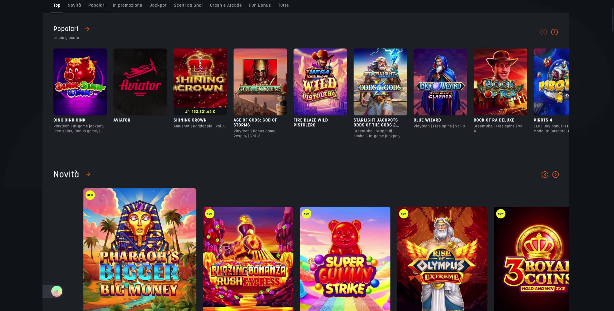 La piattaforma desktop mette in evidenza i giochi di slot più popolari, tra cui 'Golden King Dome' e 'Book of Ra'. Vengono inoltre elencati i giochi giocati di recente. - Visualizza l'immagine in anteprima ingrandita o ridotta