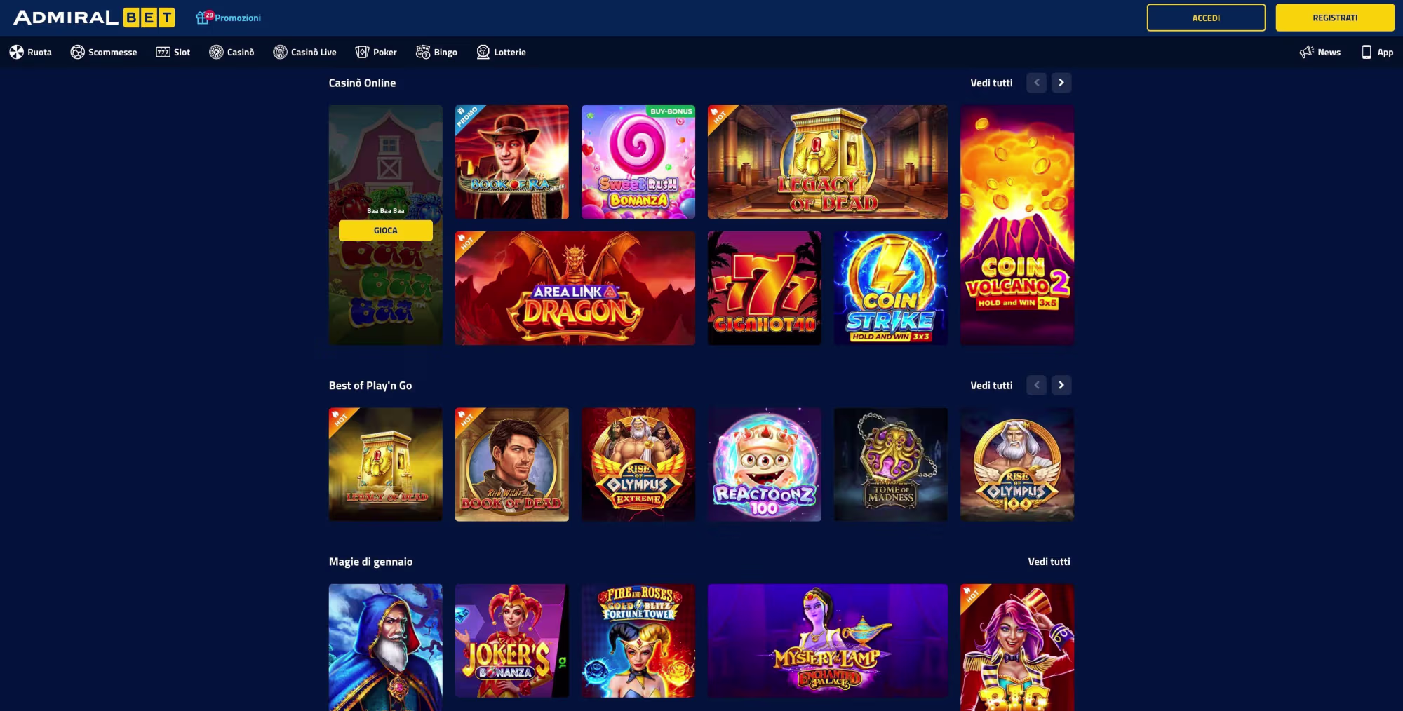 Sito web che mostra l'interfaccia del casinò online AdmiralBet con numerose miniature di giochi di slot. - Visualizza l'immagine in anteprima ingrandita o ridotta