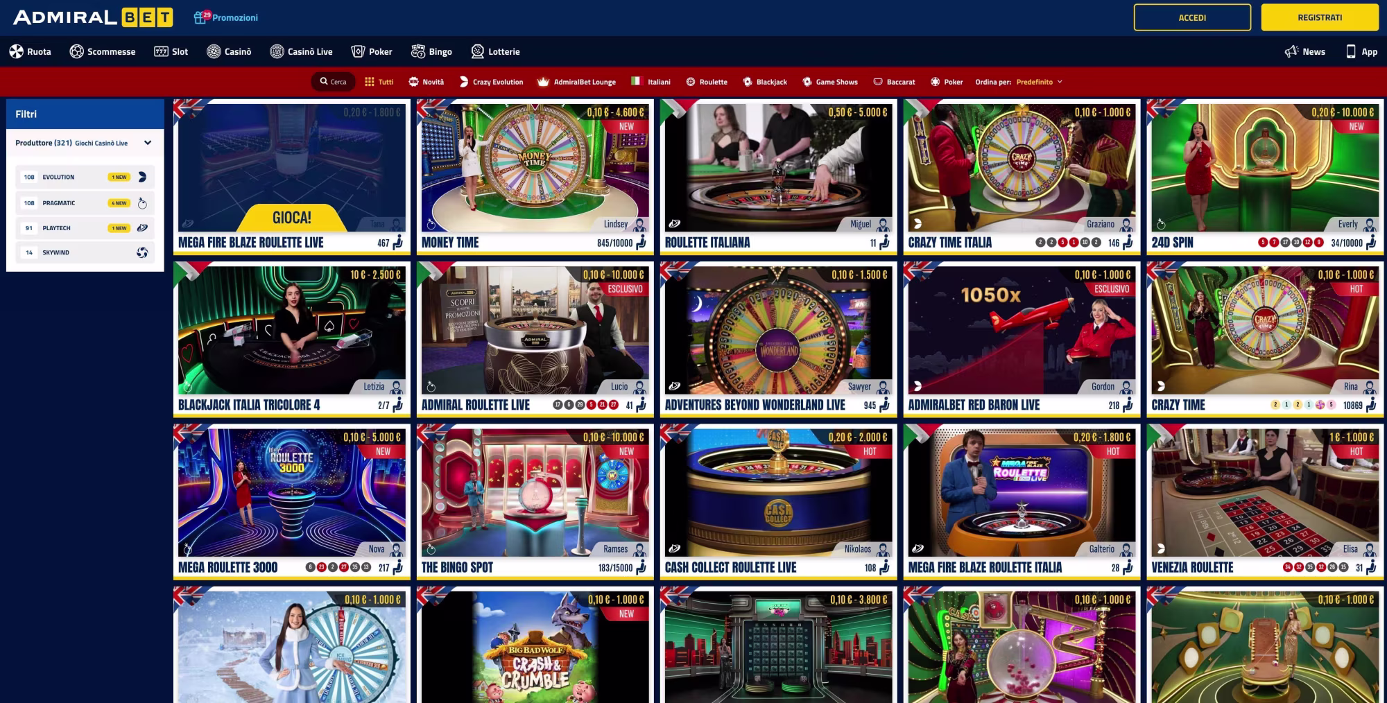 Il sito web di Admiral Bet mostra una griglia di miniature di giochi di casinò live per il gioco d'azzardo online. - Visualizza l'immagine in anteprima ingrandita o ridotta