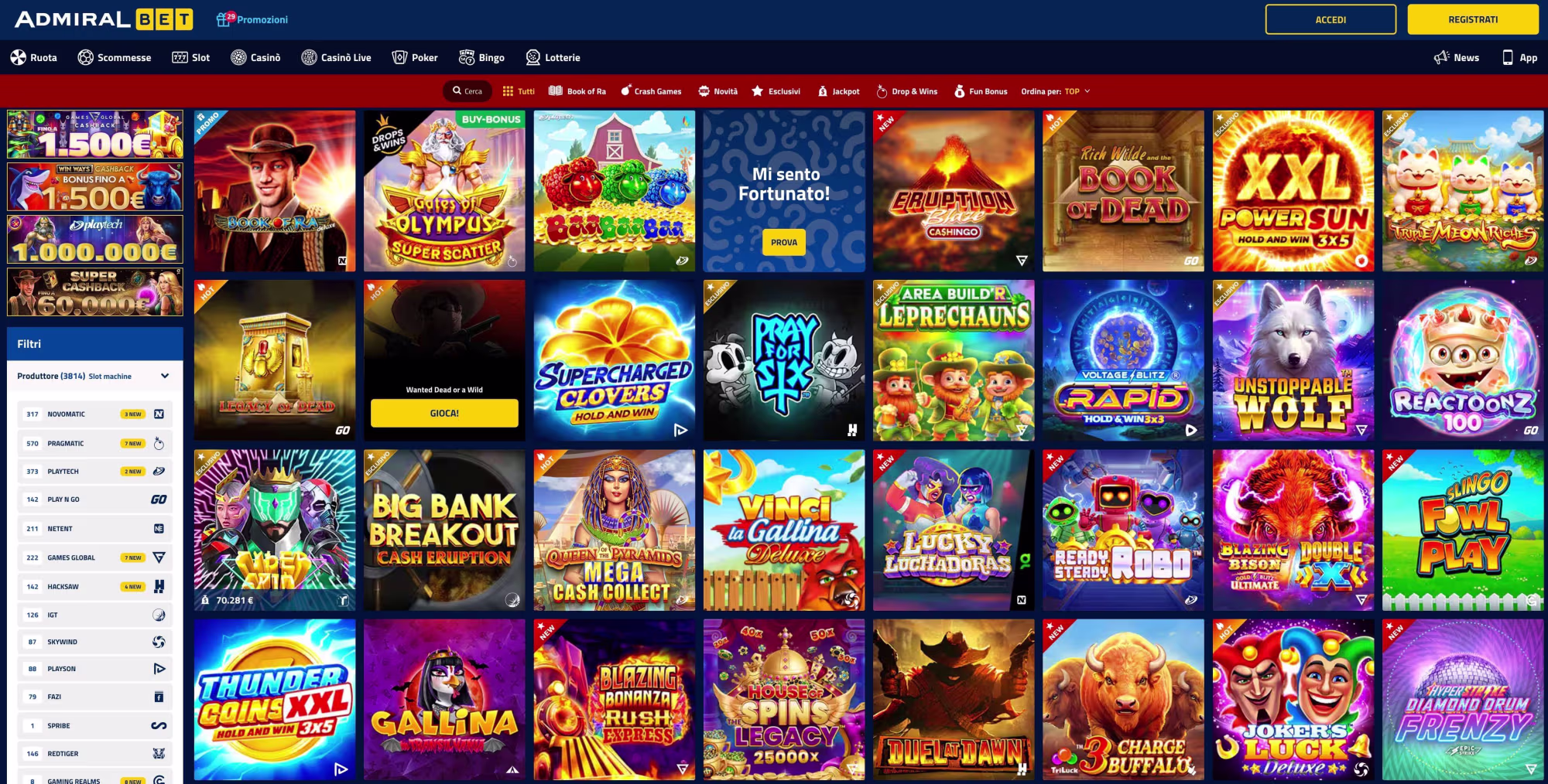 Visualizzazione a griglia di numerose miniature colorate di giochi di slot machine online del casinò Admiral Bet. - Visualizza l'immagine in anteprima ingrandita o ridotta