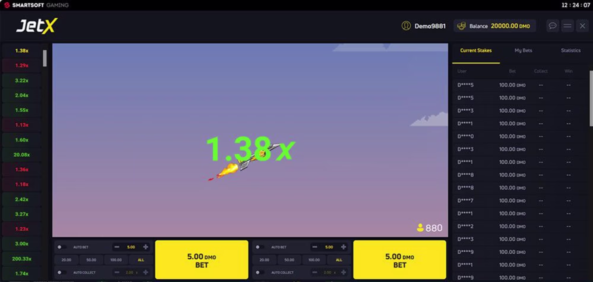 L'interfaccia di gioco di JetX mostra un razzo in volo, indicando un moltiplicatore attuale di 1,38x per la scommessa. - Visualizza l'immagine in anteprima ingrandita o ridotta