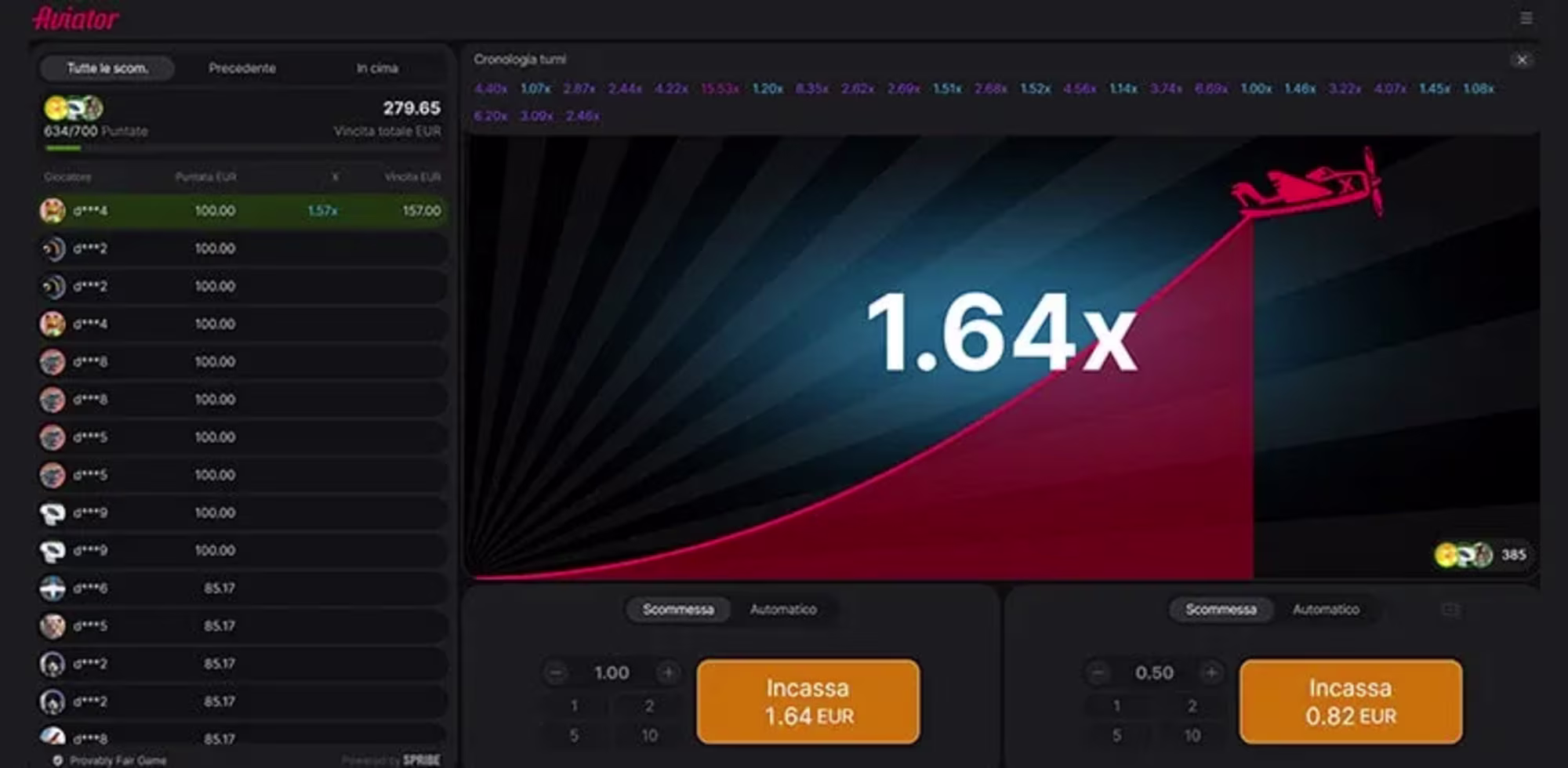 Interfaccia di un gioco online che mostra un grafico in ascesa con un moltiplicatore di 1,64x e un veicolo. - Visualizza l'immagine in anteprima ingrandita o ridotta
