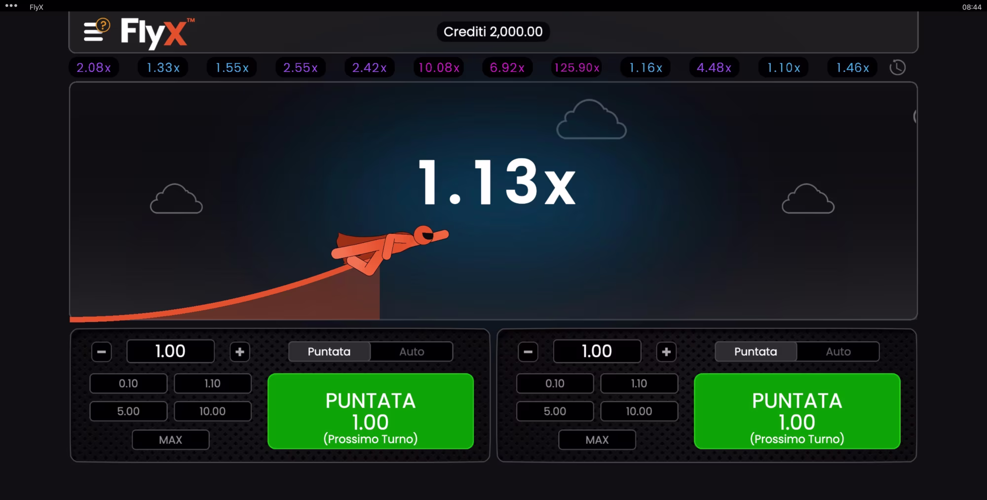 Il gioco FlyX mostra un moltiplicatore di 1,13x e un aereo arancione in ascesa, che riflettono le potenziali vincite. I giocatori possono effettuare le proprie scommesse utilizzando le opzioni poste in basso. - Visualizza l'immagine in anteprima ingrandita o ridotta