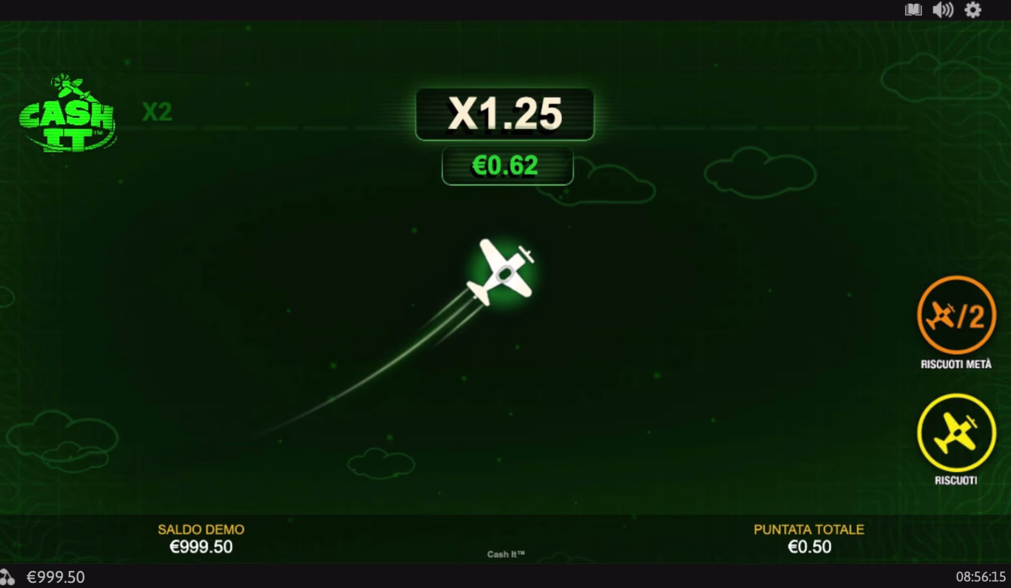 L'interfaccia di gioco mostra un aereo in volo con un moltiplicatore di 1,25x, offrendo ai giocatori la possibilità di incassare le proprie vincite. - Visualizza l'immagine in anteprima ingrandita o ridotta