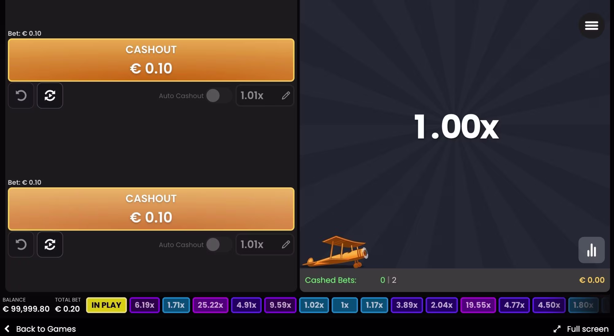 L'interfaccia di gioco mostra un moltiplicatore 1,00x e opzioni di incasso, grazie alle quali i giocatori possono assicurarsi le vincite prima che il volo del biplano abbia termine. - Visualizza l'immagine in anteprima ingrandita o ridotta