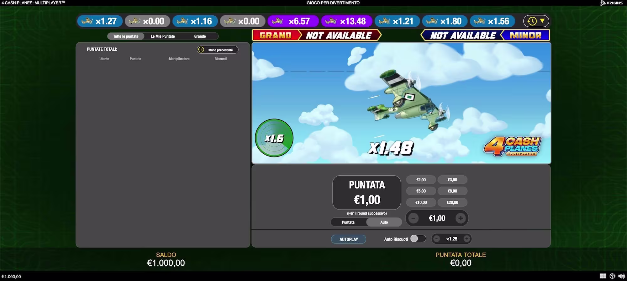 I quattro aerei colorati di Playtech Origins pronti al decollo sui pannelli di comando del Crash Game 4 Cash Planes - Visualizza l'immagine in anteprima ingrandita o ridotta