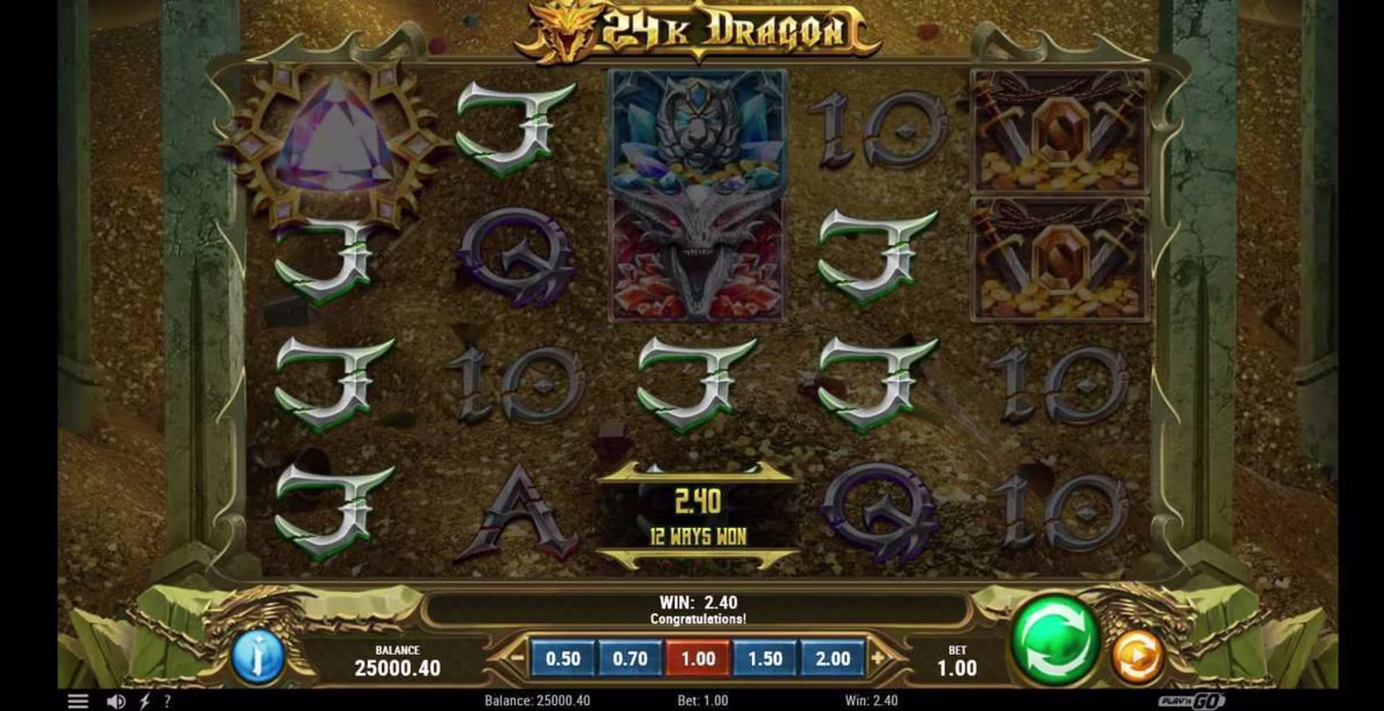 24K Dragon: una combinación muestra «12 Ways Won», haciendo visible cómo varias posiciones generan varios recorridos ganadores. - Muestra la imagen en una vista previa más grande o más pequeña.