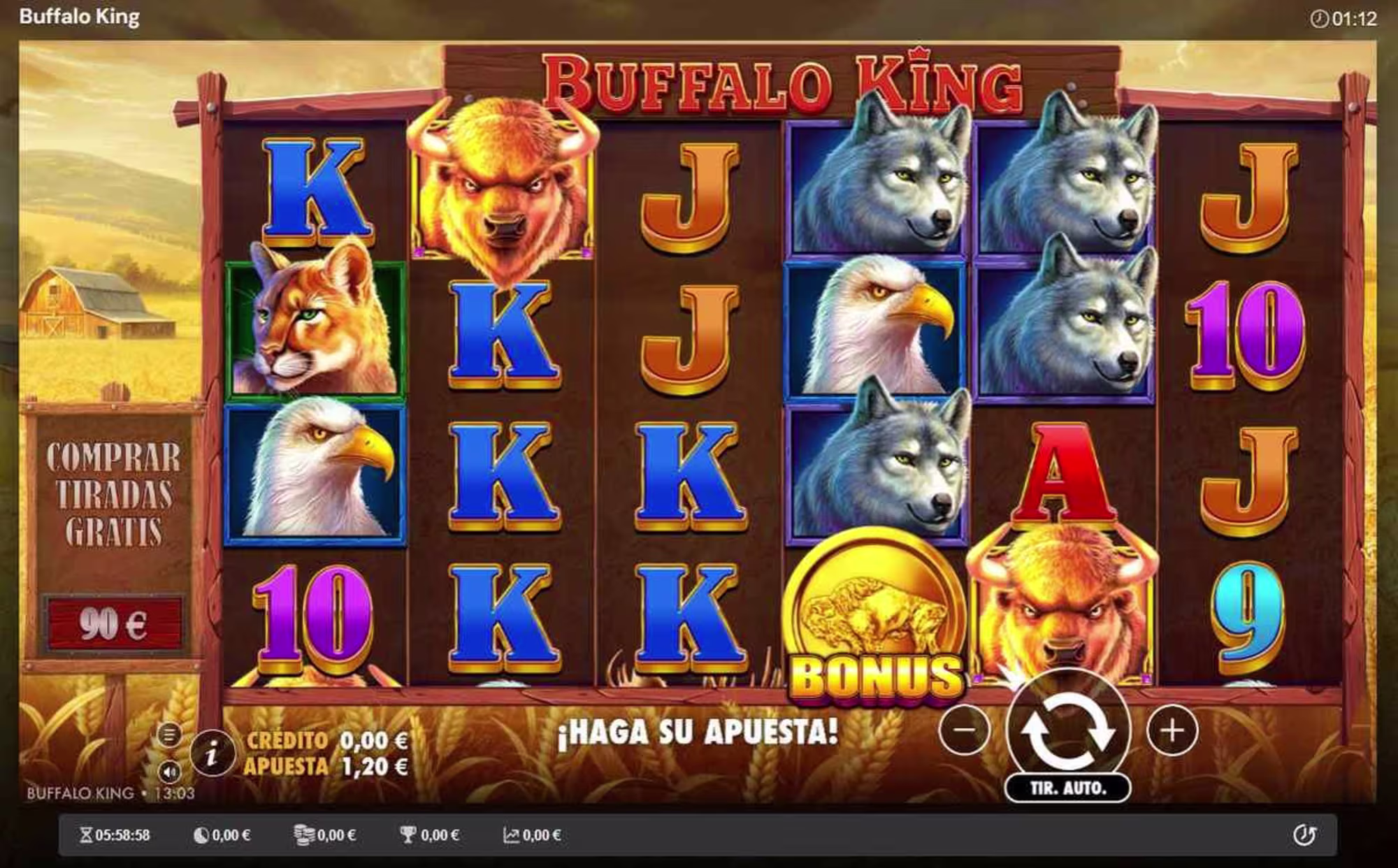 Buffalo King: tablero de seis rodillos y cuatro filas utilizado por sus 4.096 Ways - Muestra la imagen en una vista previa más grande o más pequeña.