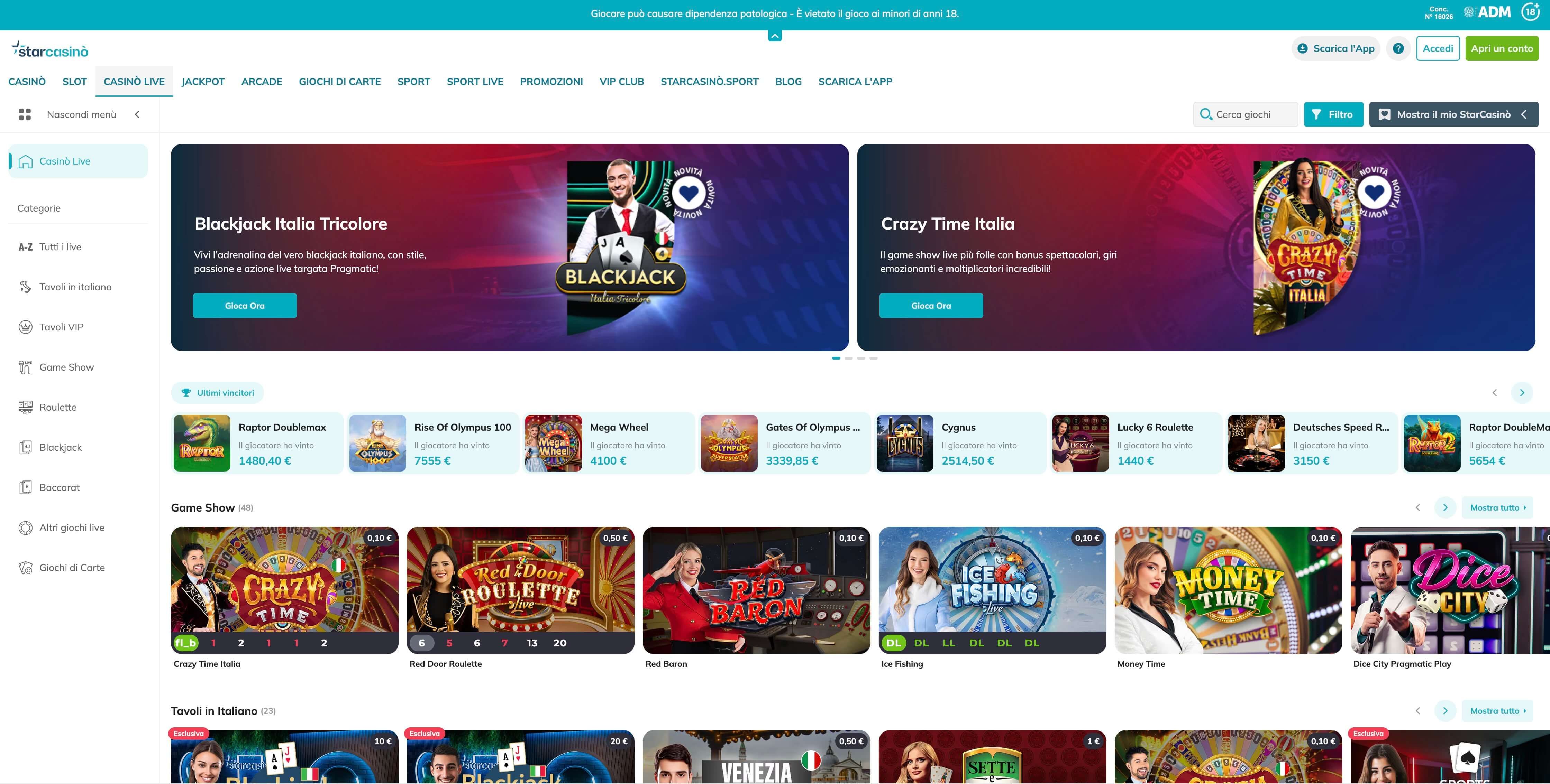 visualizza l'immagine La sezione dei giochi live di Starcasino in anteprima ingrandita o ridotta