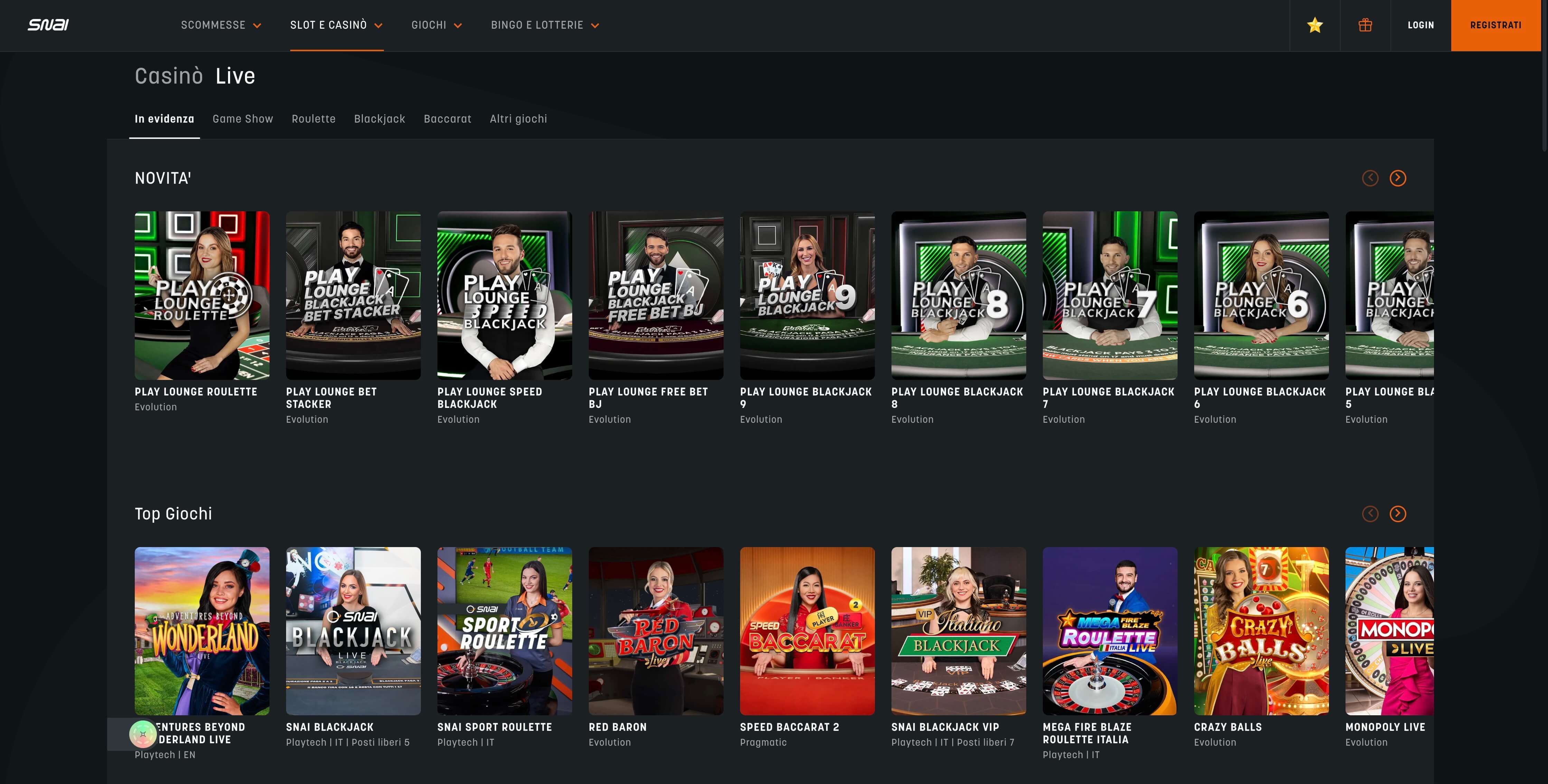 visualizza l'immagine La sezione dei giochi live di Snai in anteprima ingrandita o ridotta