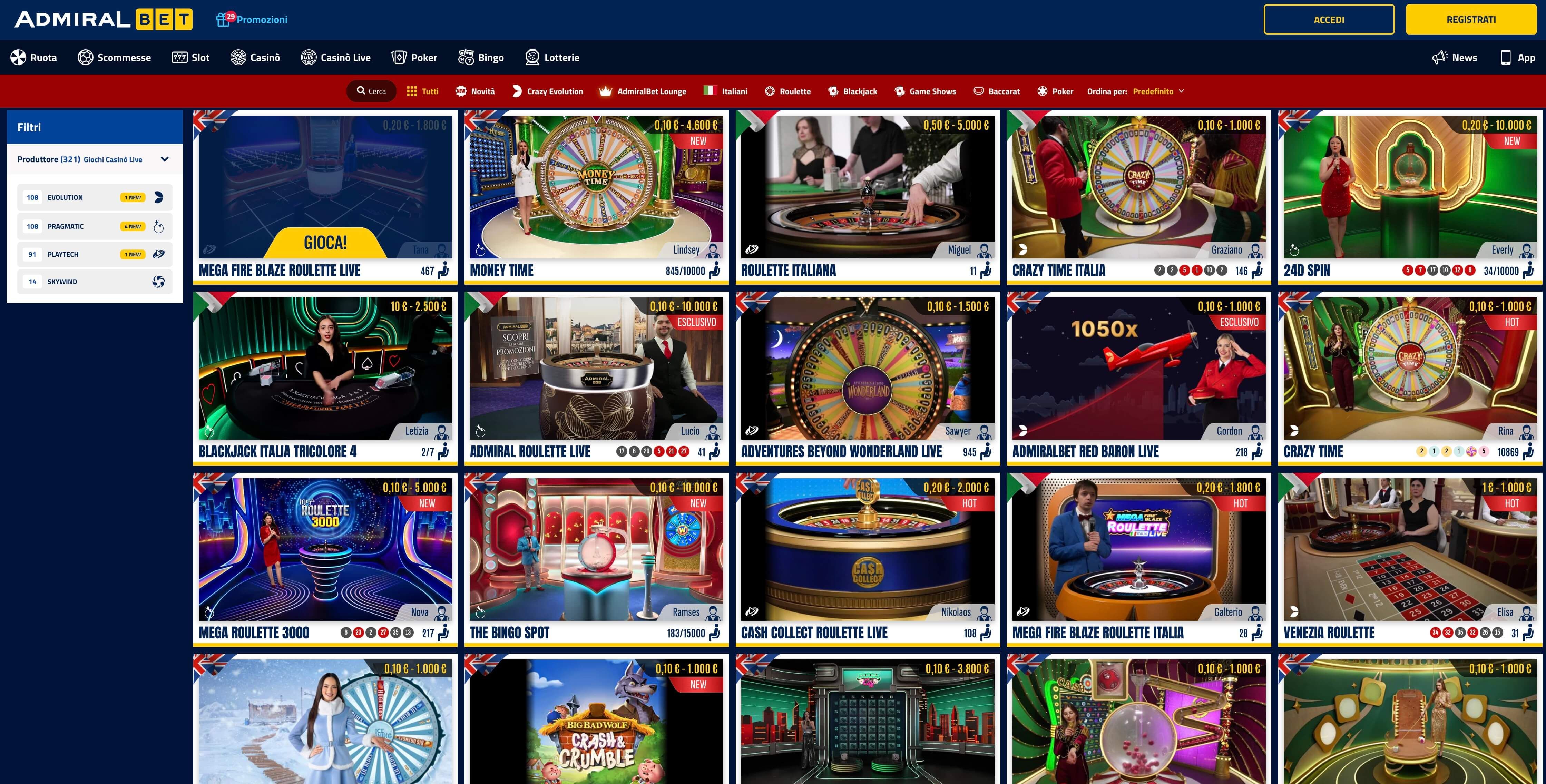 visualizza l'immagine La sezione dei giochi live di AdmiralBet in anteprima ingrandita o ridotta