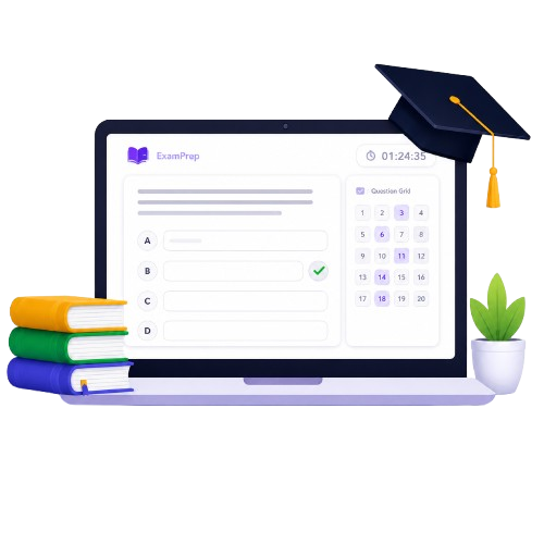 Laptop showing reasoning practice with a graduation cap, books and a plant