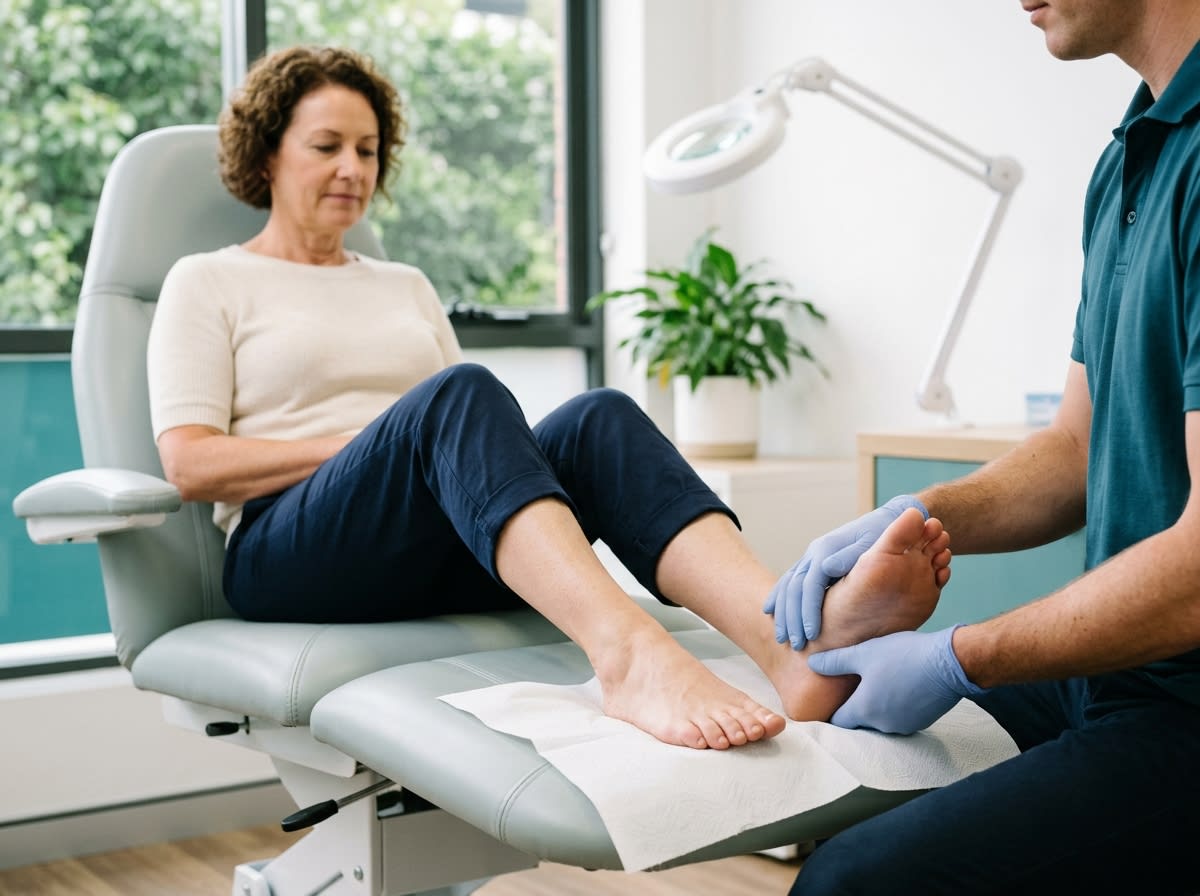 A podiatrist's gloved hands checking the heel of a woman's foot as she sits on a podiatry chair