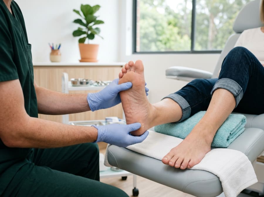 A podiatrist in blue gloves holding a patient's bare foot and checking the skin on the sole