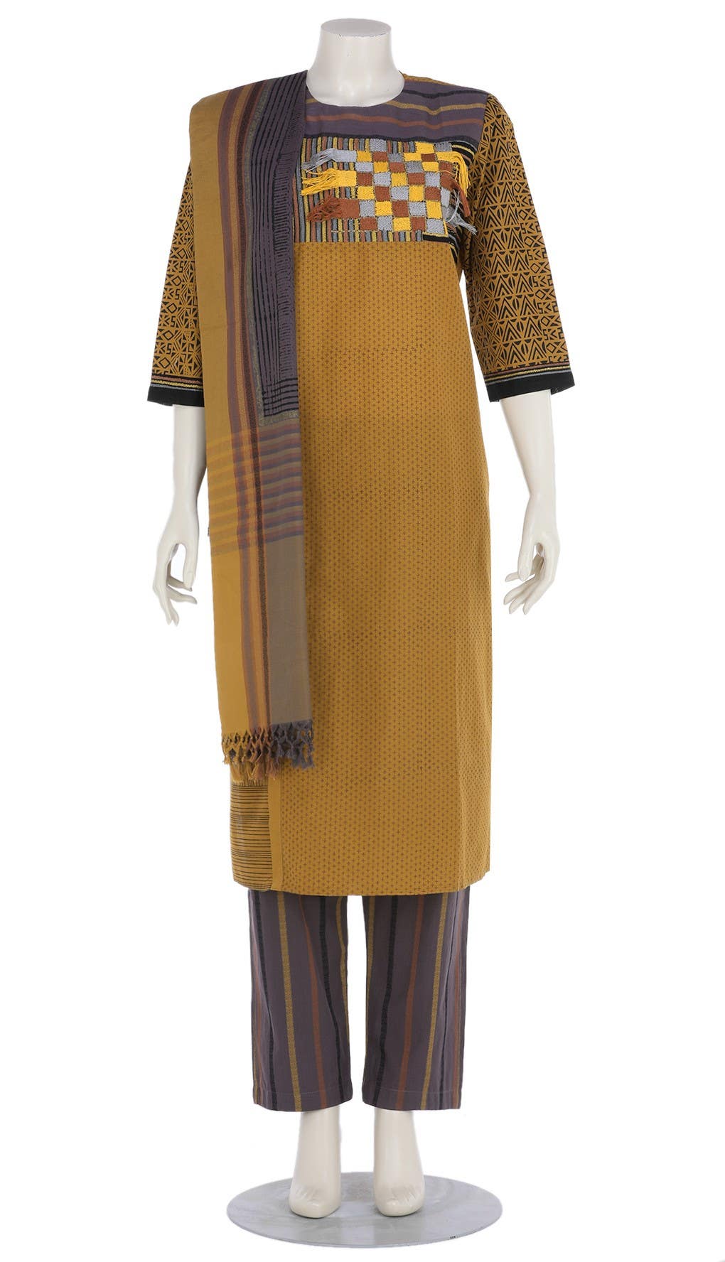 Mustard Printed and Embroidered Hand Loomed Cotton Shalwar Kameez Set