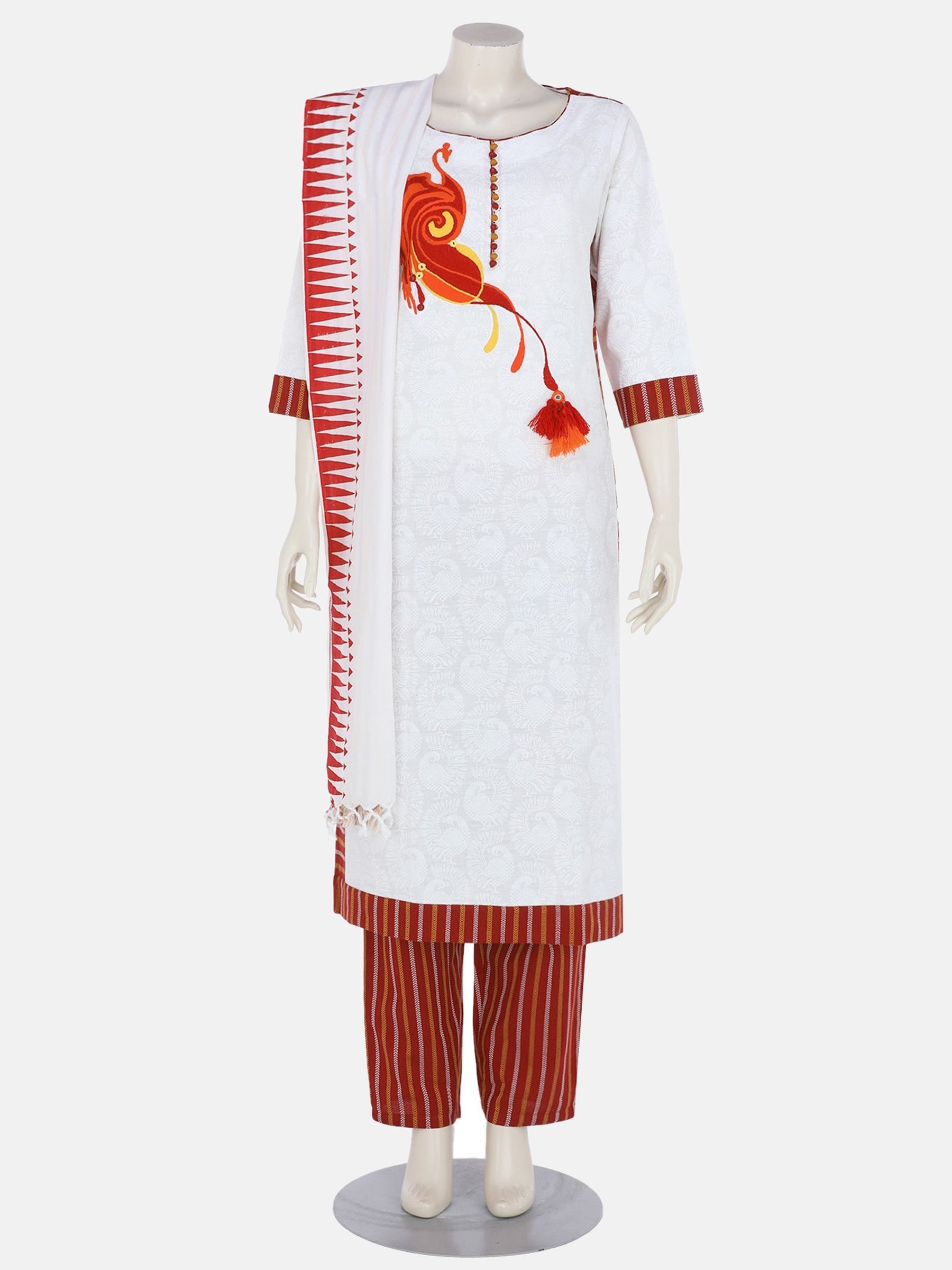 White Printed and Embroidered Handloom Cotton Shalwar Kameez Set