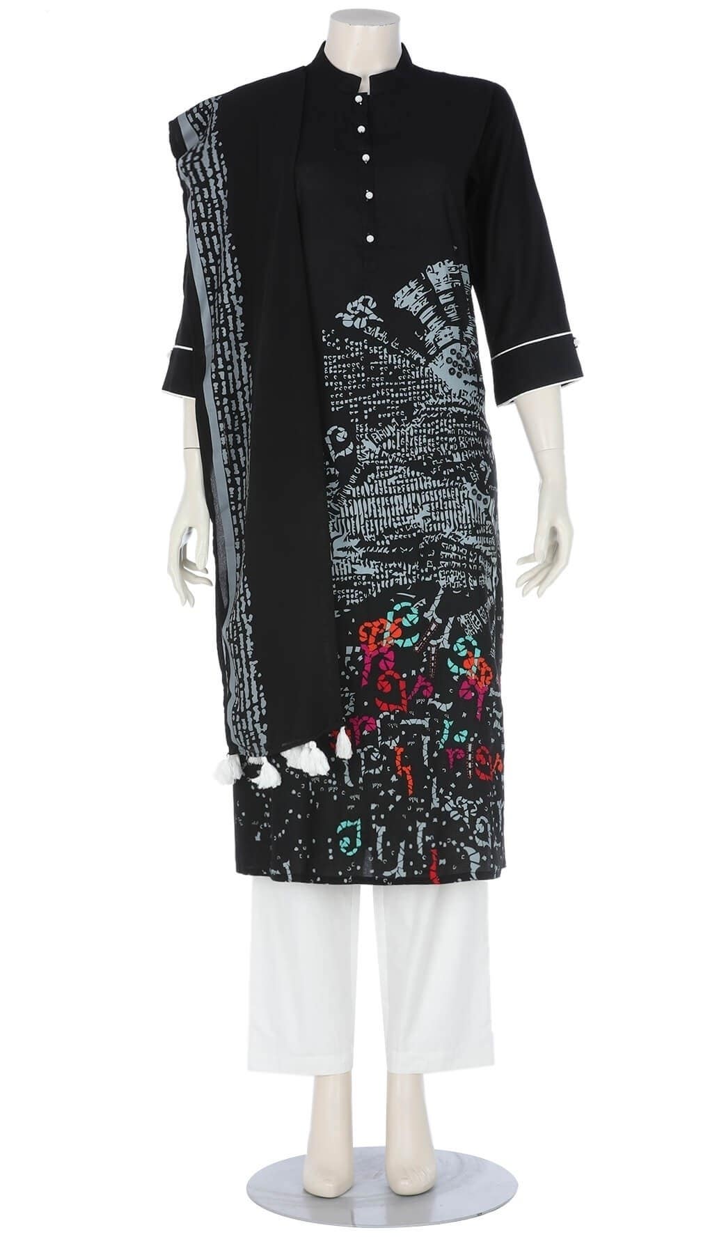 Black Printed and Embroidered Viscose Shalwar Kameez Set