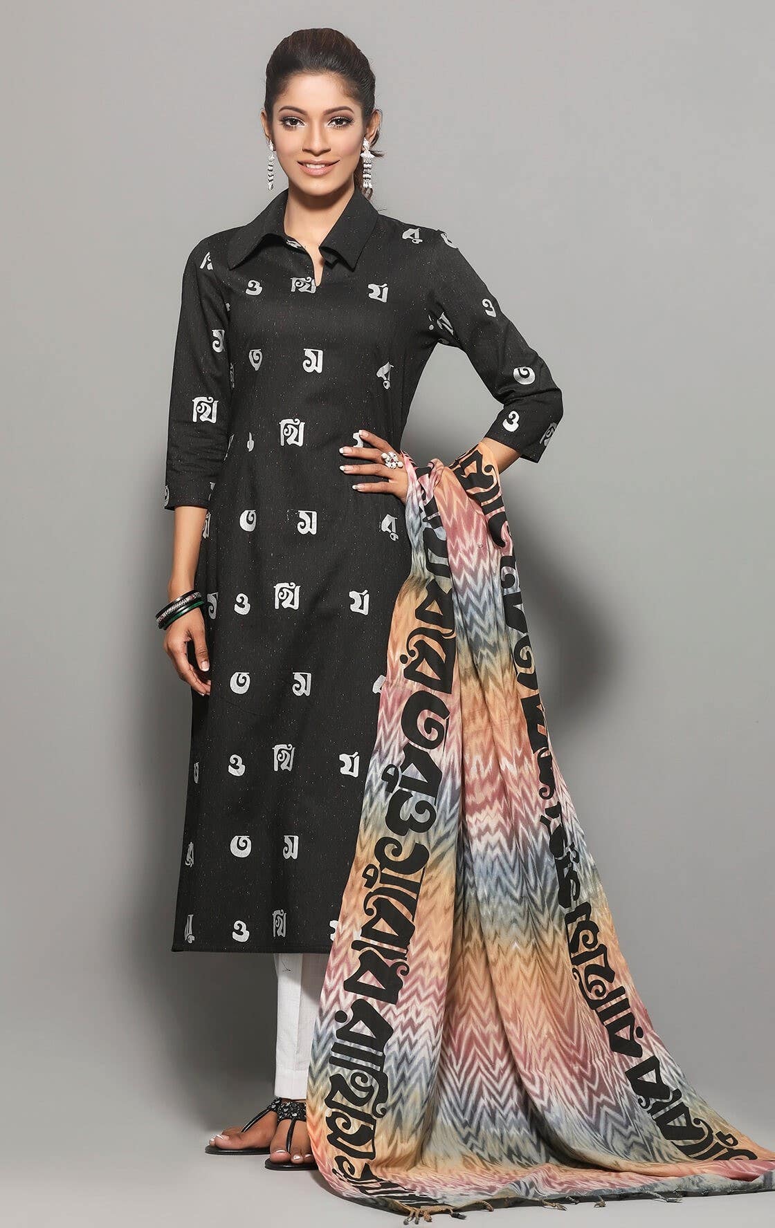 Black Printed and Tie-Dyed Viscose Shalwar Kameez Set