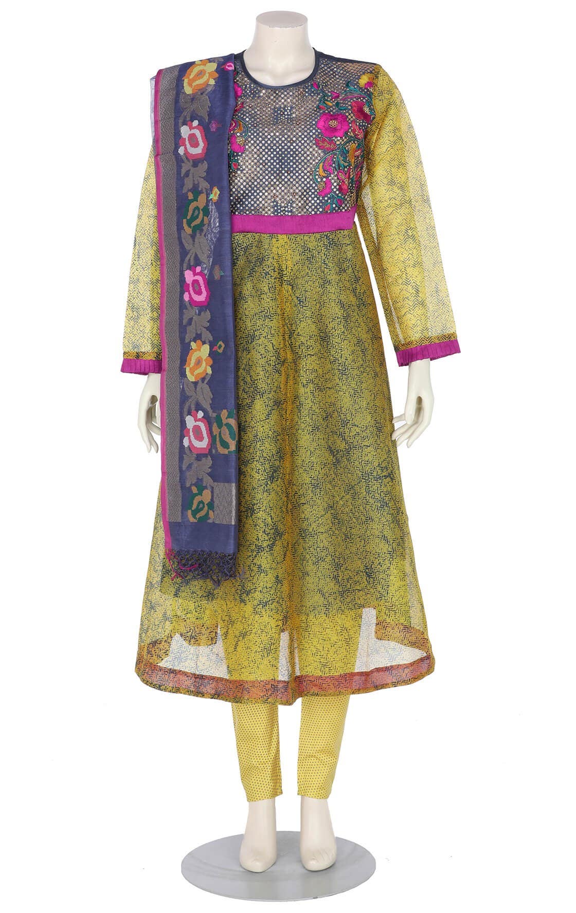 Yellow Printed and Erri Embroidered Muslin Shalwar Kameez Set