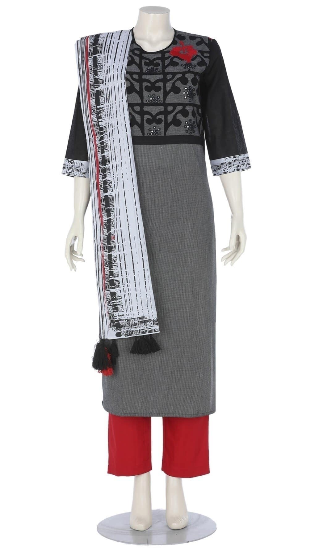 Black Appliquéd and Embroidered Cotton Shalwar Kameez Set