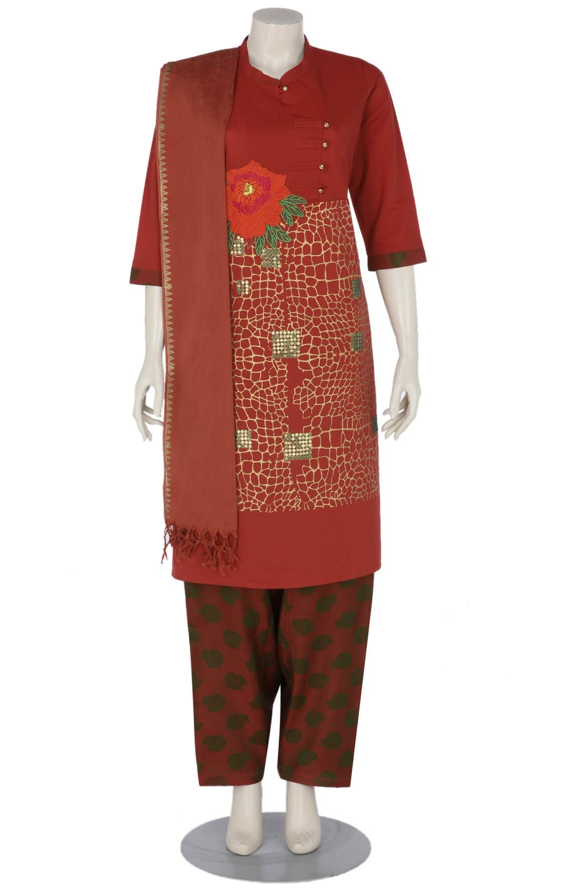 Red Printed and Embroidered Viscose-Cotton Shalwar Kameez Set