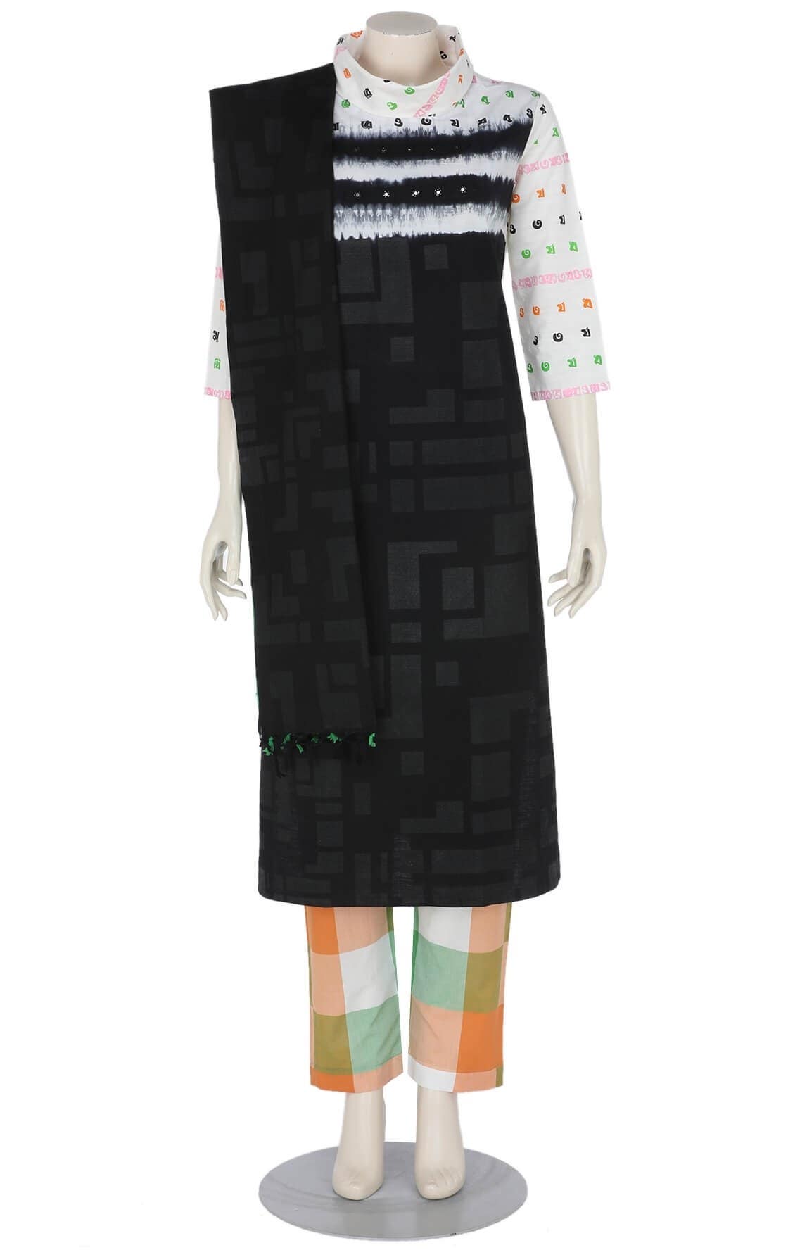 Black Tie-Dyed and Printed Cotton Shalwar Kameez Set