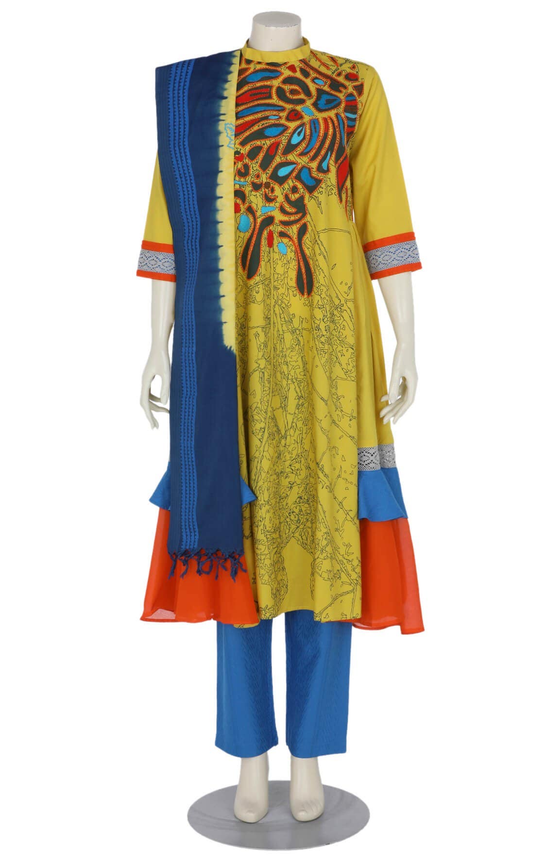 Yellow Dyed and Embroidered Viscose-Cotton Shalwar Kameez Set