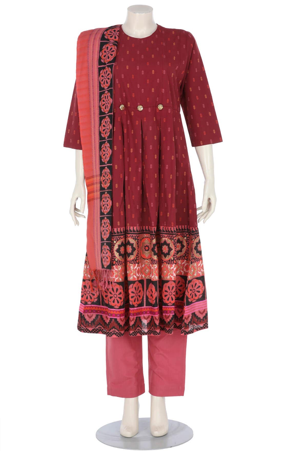 Maroon Printed and Embroidered Hand Loomed Cotton Shalwar Kameez Set