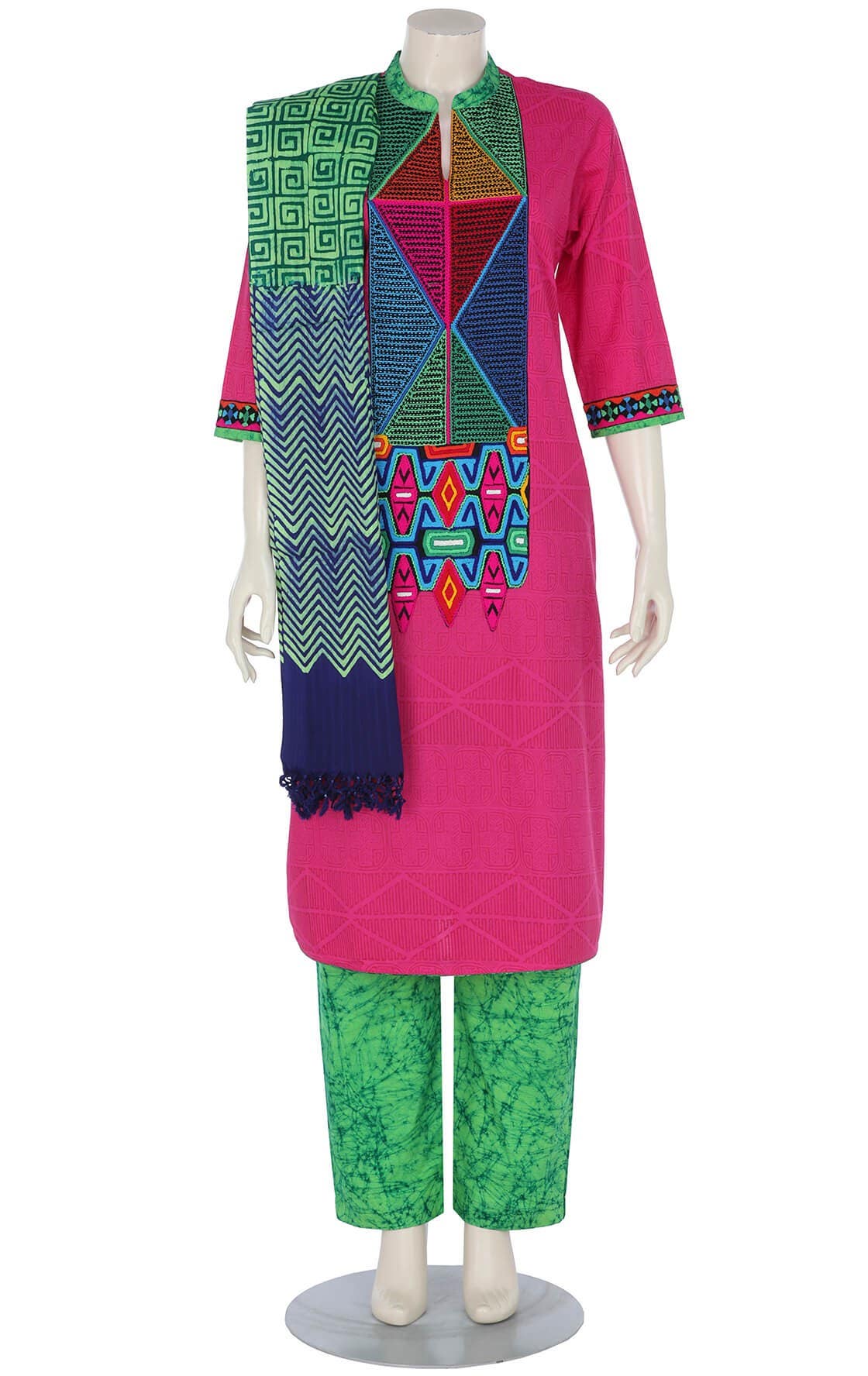 Pink Wax-Dyed and Embroidered Viscose-Cotton Shalwar Kameez Set