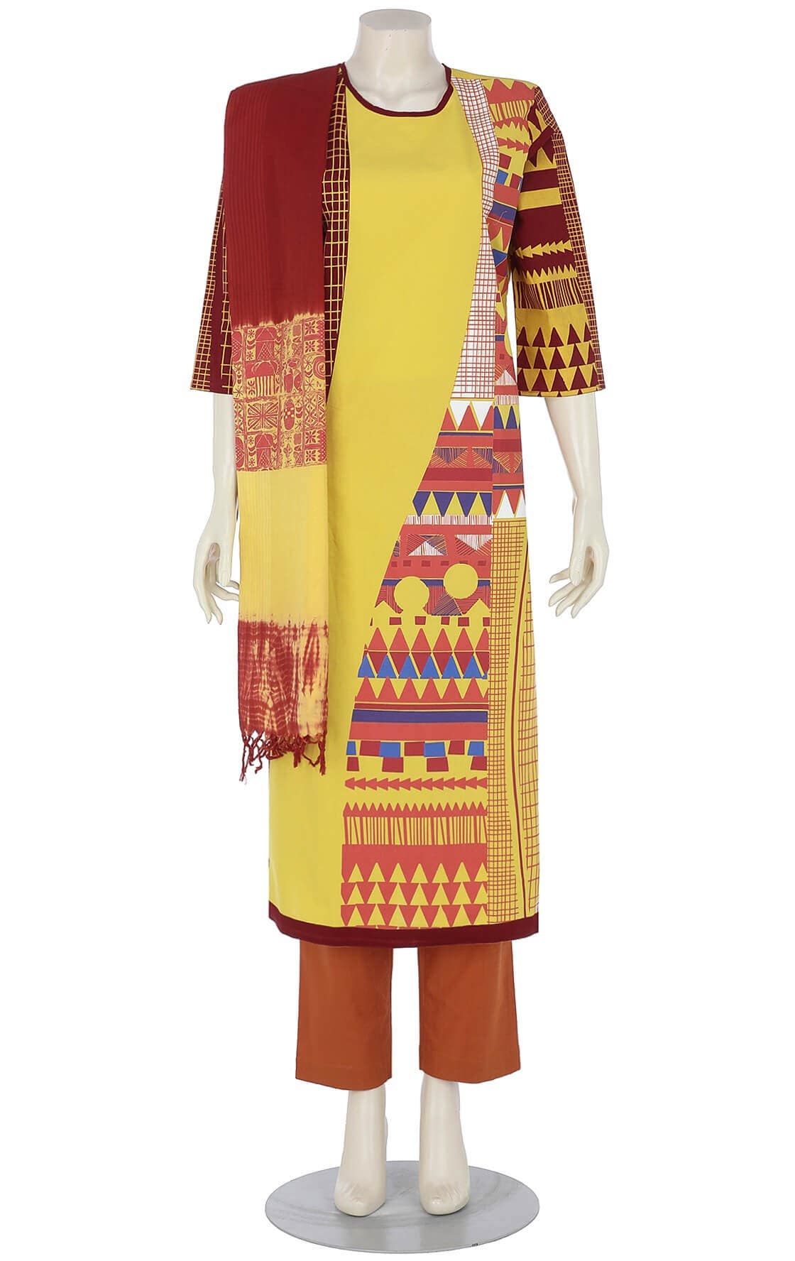 Mustard Printed and Tie-Dyed Cotton Shalwar Kameez Set