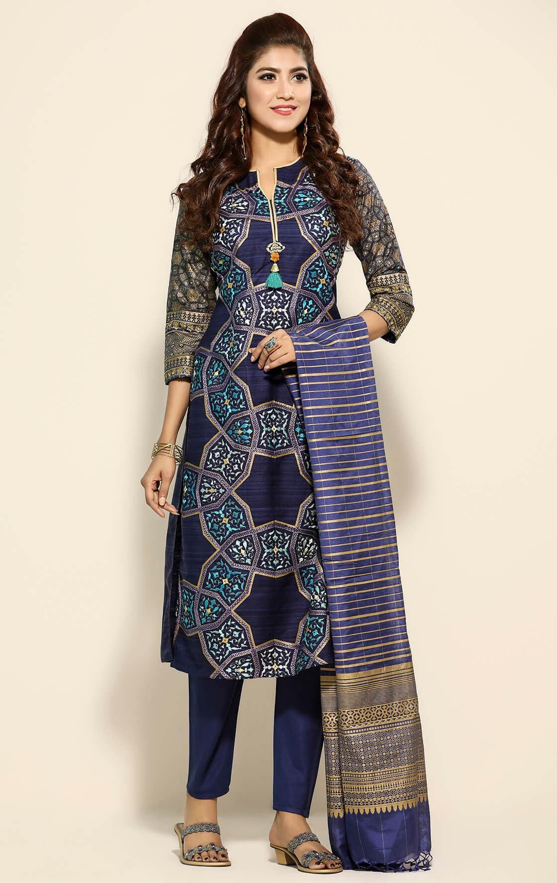 Midnight Blue Printed and Embroidered Endi Silk Shalwar Kameez Set