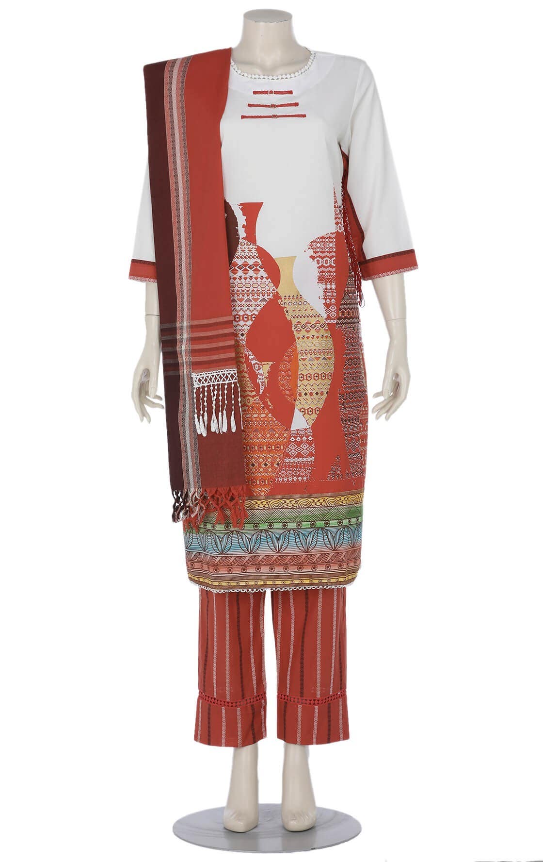 White Printed and Brush Painted Viscose-Cotton Shalwar Kameez Set