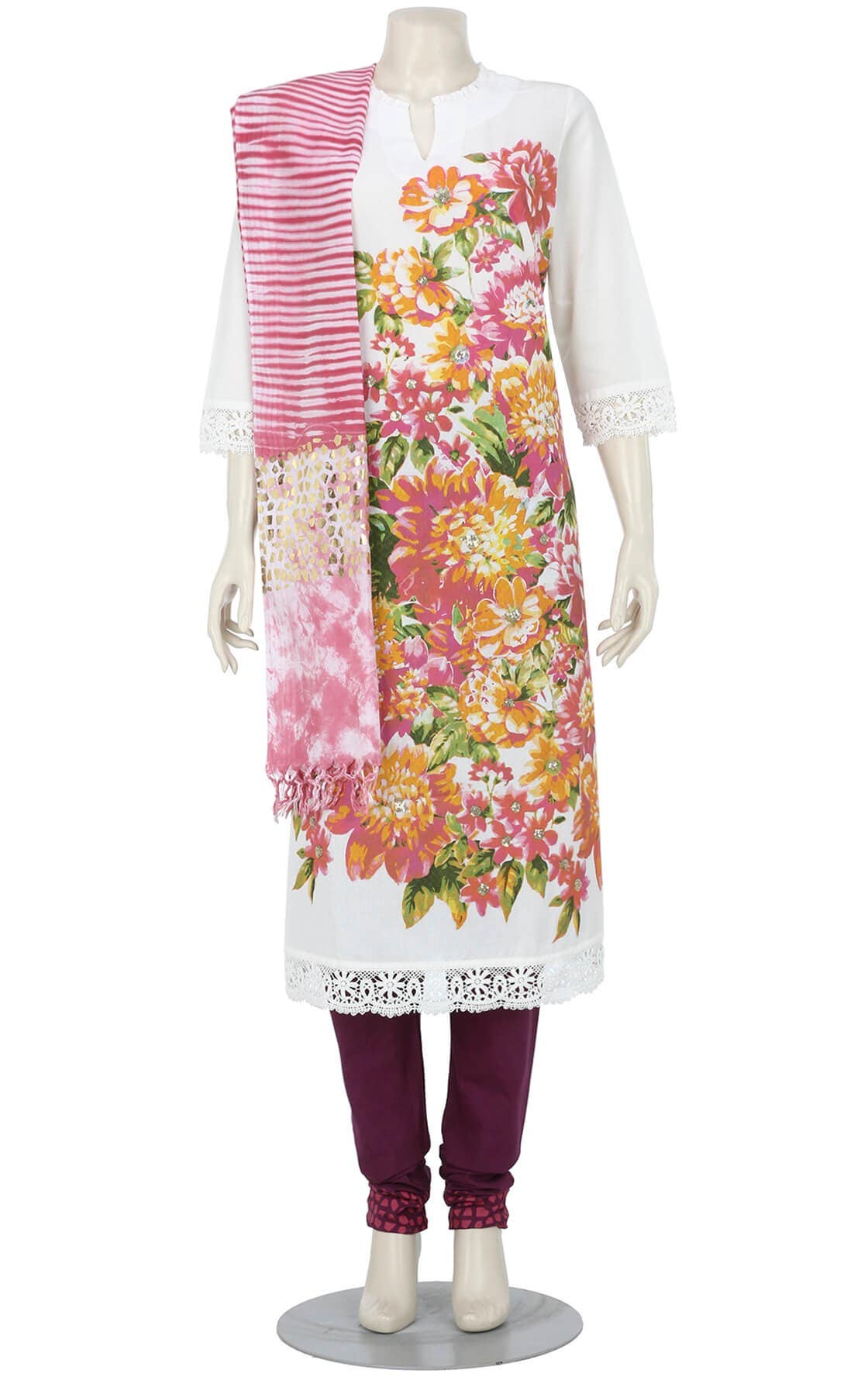 White Photo Printed and Tie-Dyed Cotton Shalwar Kameez Set