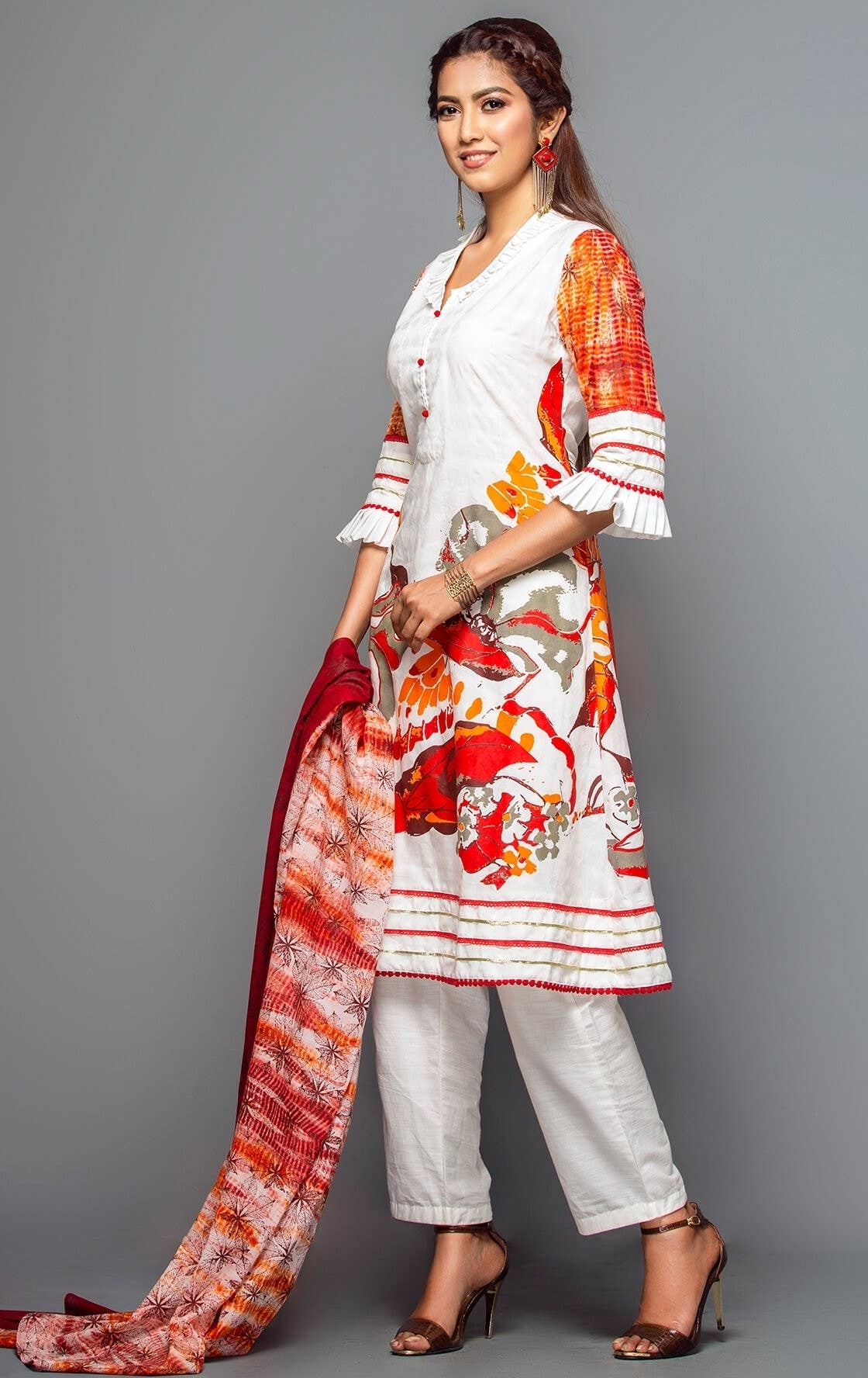 White Printed and Tie-Dyed Cotton Shalwar Kameez Set