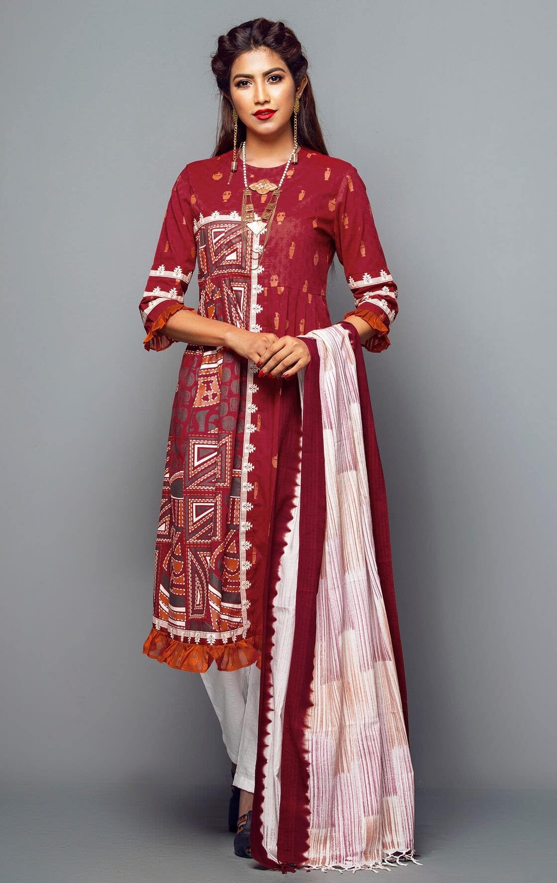 Red Printed and Brush Painted Cotton Shalwar Kameez Set