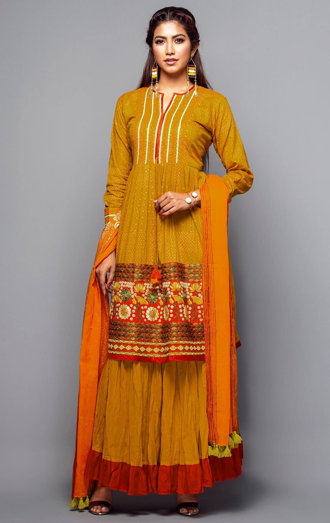 Mustard Printed and Embroidered Addi Cotton Kameez Skirt Set